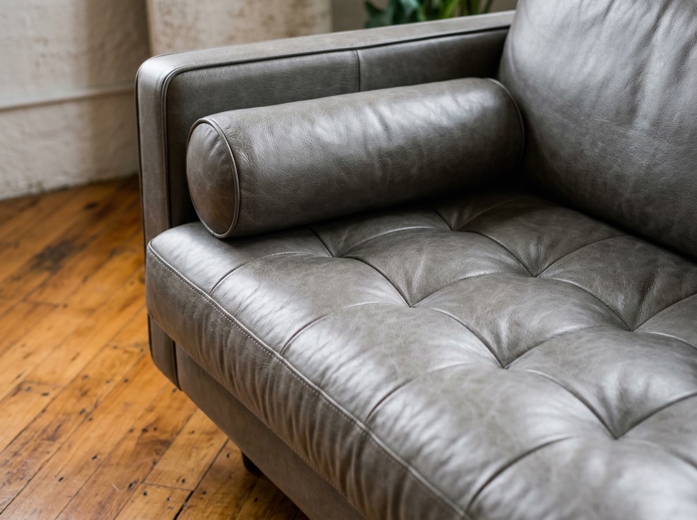 A grey leather couch with a bolster, in soft light